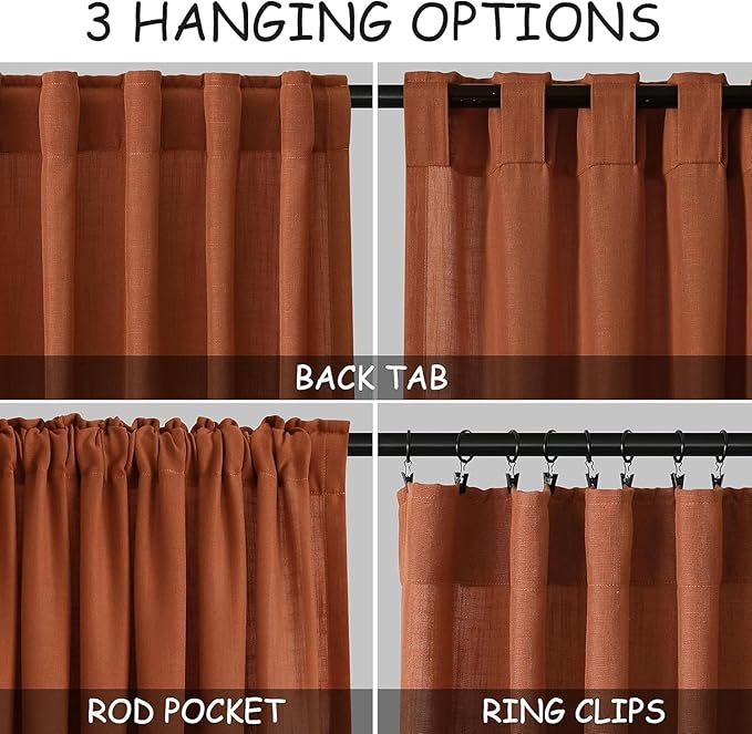 Nanspring Terracotta Linen Curtains 90 Inches Long 2 Panel Set Back Tab Boho Rustic Farmhouse Curtain for Living Room Semi Sheer Light Filtering Luxury Home Decor for Bedroom Dining Room 60x90