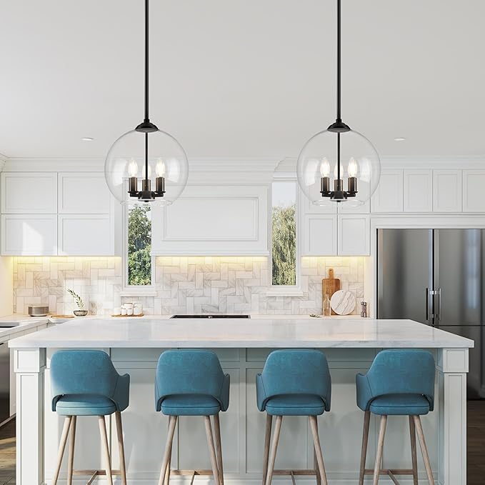12" Globe Pendant Lights Kitchen Island Glass Globe Pendant Light Fixture Bedroom Mid Century Modern Pendant Lighting Black Pendant Light for Kitchen Island Dinning Room (Bulb Incl.)