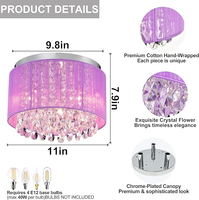LaLuLa Purple Chandelier Drum Flush Mount Chandelier Crystal Ceiling Light Fixture 3 Light for Bedroom, Girl’s Room