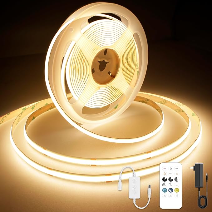 AXMOTUT COB LED Strip Light Warm White 24.6FT, High Bright LED Strips with 2400LEDs, RF Remote and UL Power Supply, 3000K Dimmable LED Lights for Bedroom, Kitchen, DIY Home Decoration