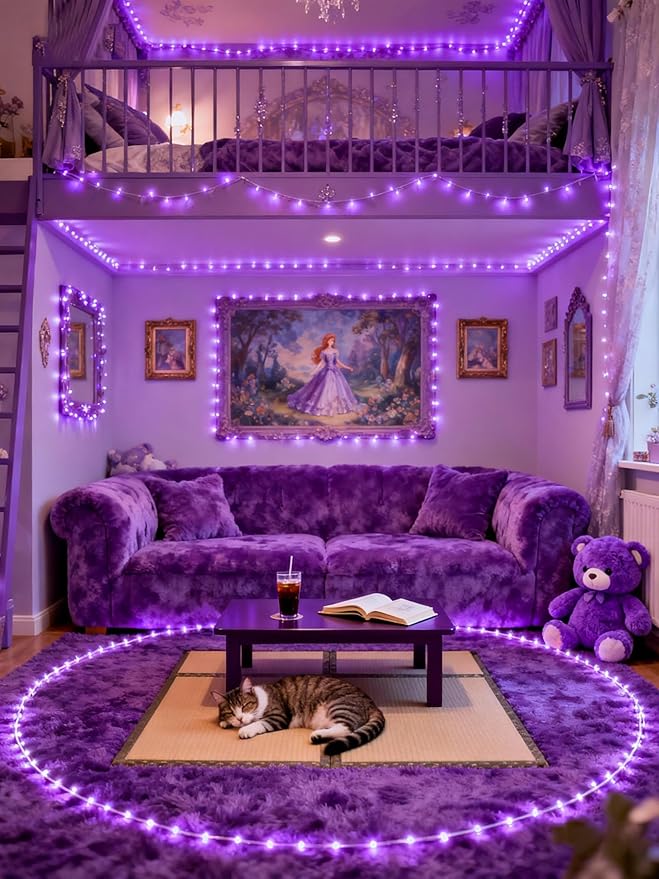 Purple Led Lights Strip for Bedroom Indoor Rope Lights Black Pagage Led Light Strip Kit Easy DIY Cuttable Tape Lights for Room Bathroom Living Room Kitchen Ceiling Wall Vanity Mirror Decor