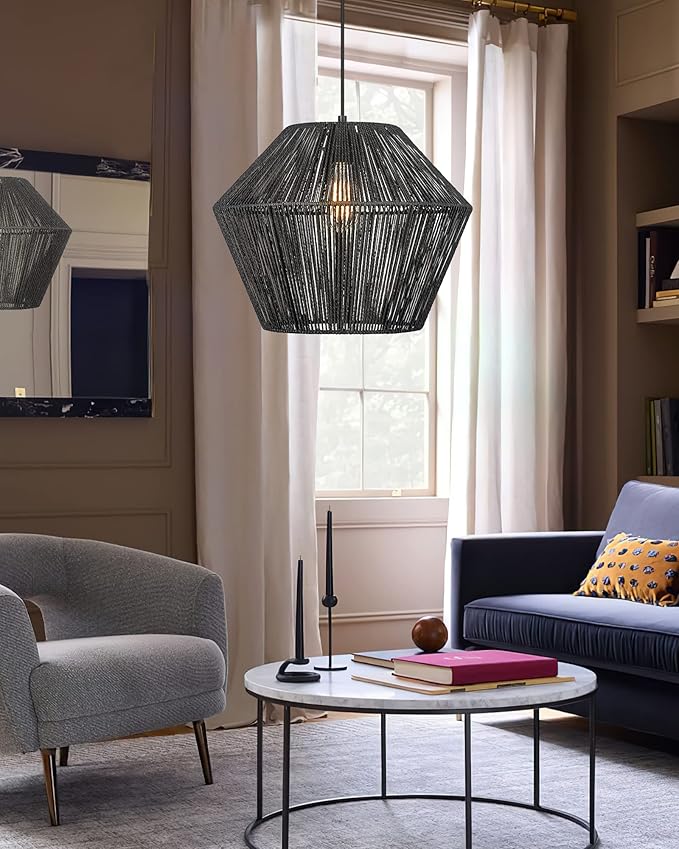 Woven Pendant Light Fixtures, ELYONA 7" Farmhouse Coastal Hanging Lamp with Matte Black Handwoven Rattan Basket Shade Modern Boho Pendant Light for Kitchen Island Dining Room Bar Bedroom Foyer Hallway