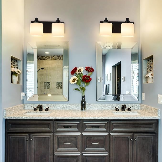 Mecgirn Milk Glass Vanity Lights for Bathroom, 2 Light Matte Black Bathroom Light Fixtures Over Mirror, Ceramic E26 Sockets Wall Mounted