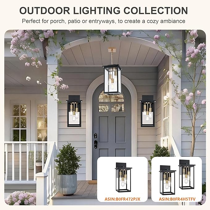 TODOLUZ 3-Lights Large Outdoor Pendant Light, Waterproof Exterior Height Adjustable Hanging Lighting with Seeded Glass Panel & E26 Bulb Base, Modern Porch Ceiling Lamp for Porch Patio Garden