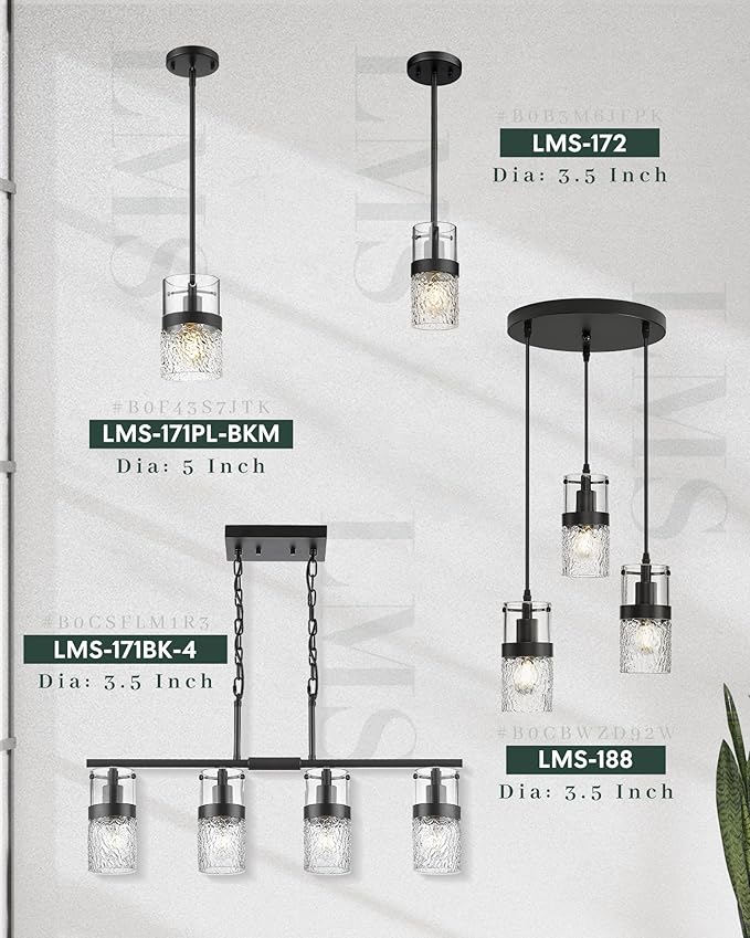 LMS 5 Inch Dia Black Pendant Light, Modern Hanging Lamp for Kitchen Island with Adjustable Rod, Medium Linear Light Fixtures with Hammered Glass, LMS-171PL-BKM