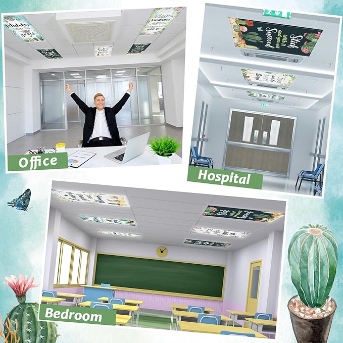 6 Pcs Fluorescent Light Covers with 60 Magnets Decorative for Classroom Ceiling Lights 4 x 2 Feet Magnetic Light Cover Filter Easy Install for Office Hospital Home Ceiling Supplies (Succulents)
