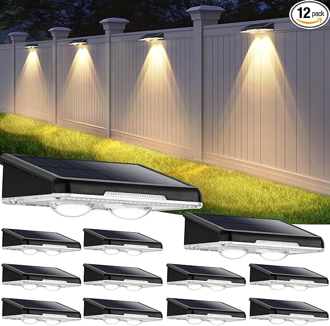 Solar Fence Lights Outdoor 12-Pack, Waterproof LED Fence Light Solar Powered with 3 Modes (3000K/4500K/6500K) for Outside, Deck, Step, Stairs, Balcony, Yard, Patio, Walkway, Pathway, Railing