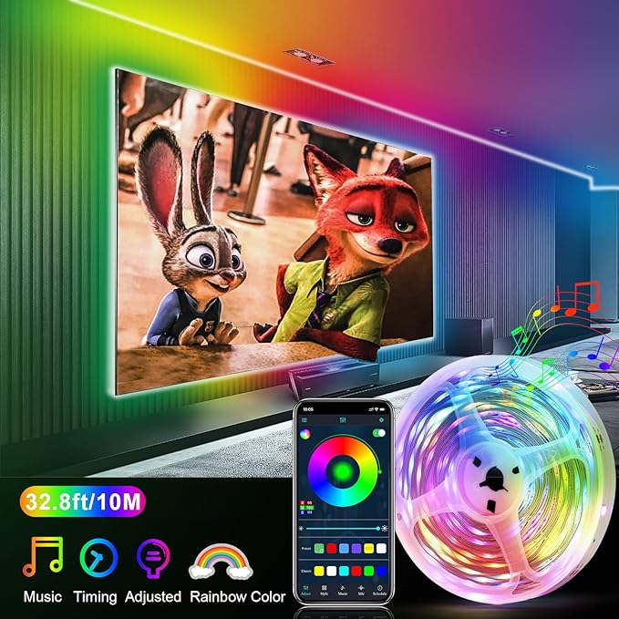 LED Strip Lights with Smart IC, 32.8Ft RGB IC LED Lights for Bedroom, App Control Color Changing Strip Light with Remote Music Sync for Home Game Room Kitchen Party Bar Indoor Lighting Decor