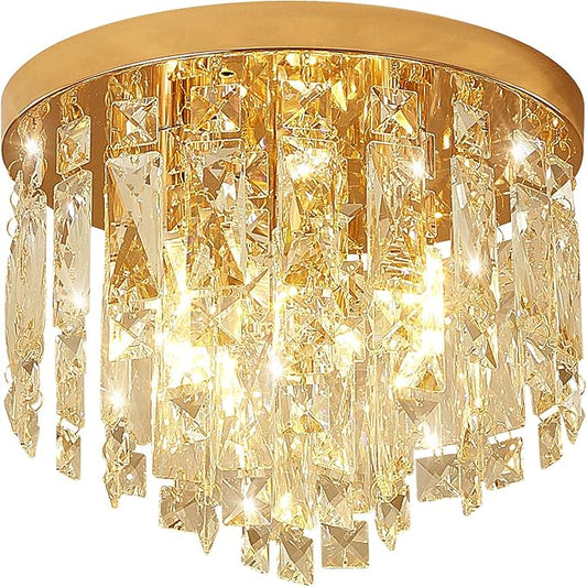 YMP&YZX Small Crystal Chandelier for Low Ceiling,11.8" French Gold Modern Crystal Chandelier with E12 Base Lights for Bedroom Living Dining Room Hallway Closet Light Fixture Flush Mount 3 Light