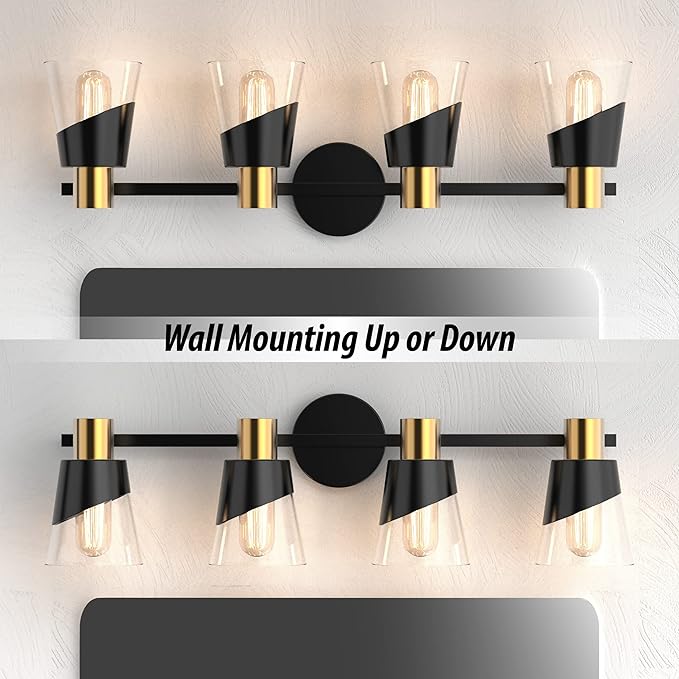 URSOLA Bathroom Light Fixtures, 4 Lights Bathroom Lighting Fixtures Over Mirror, 28.34 inch Black and Gold Design with Bevelled Edge and Clear Glass Shade Wall Lamp