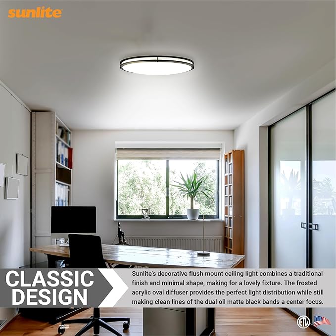 Sunlite 32" Oval Double Band Trim Flush Mount Light Fixture, 35 Watts, 3000 Lumens, Color Selectable 30K/40K/50K, Dimmable, ETL Listed, Matte Black, for Commercial & Residential Use