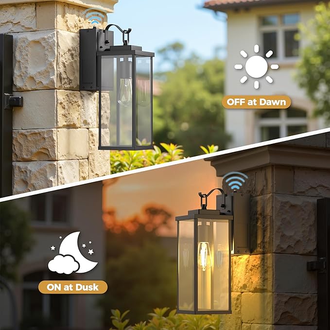 DORESshop Upgraded Dusk to Dawn Outdoor Wall Lights with GFCI Outlets, 16 Inch Matte Black Waterproof Anti-Rust Outdoor Light Fixtures with Clear Glass, Exterior Light Fixtures for Porch, Garage, ETL