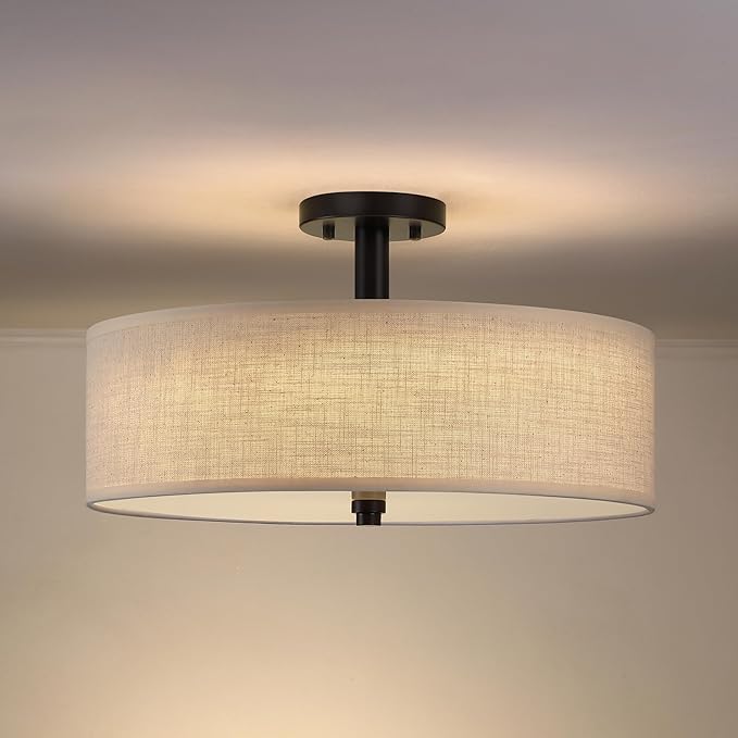 4 Light 18 Inch Semi Flush Mount Close to Ceiling Light Fixture,Off White Fabric Shade Black Finish for Bedroom,Living Room,Dining Room Hallway