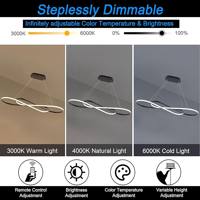 LED Chandelier,39.4inch Modern Led Pendant Light with Remote,Dimmable Black Chandelier for Dining Room,Adjustable Height 45W Aluminium Contemporary Ceiling Hanging Light Fixture for Kitchen