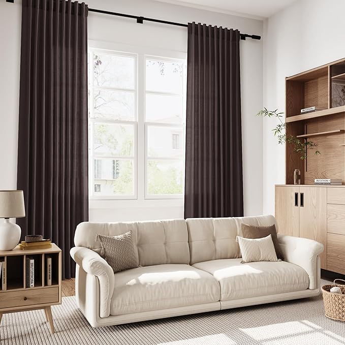 Extra Long Curtain Cocoa Coffee Morden Linen Blend Light Filtering Back Tab Curtains for Long Winodws 120 Inches Length, Semi Sheer Privacy Drapes for Living Room, 52x120 inch, 2 Panels