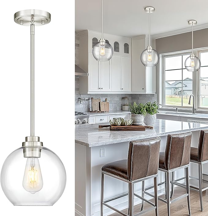 Pendant Lights Kitchen Island, 8" Brushed Nickel Pendant Light Fixtures with Globe Clear Glass Shade, Modern Kitchen Island Lighting for Bathroom, AD-22280-1PL-SN