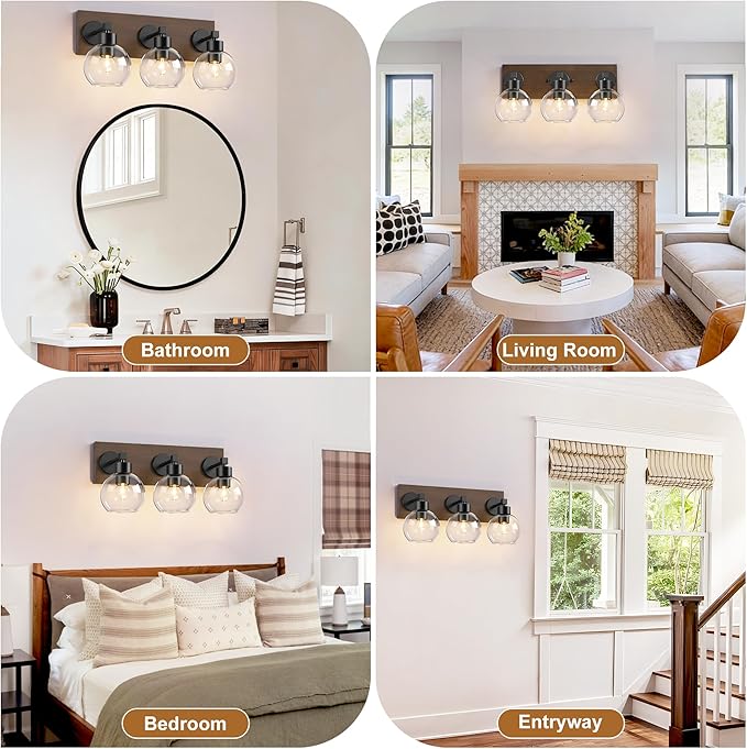 Farmhouse Bathroom Vanity Light Fixtures, Bathroom Light Fixtures Over Mirror,3-Light Rustic Black Wood Wall Sconces, Vintage Vanity Light for Bathroom with Clear Glass Shade (Black, 3-Light)