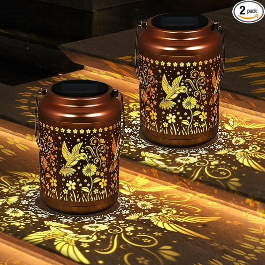 Gifts for Women Mom, 2 Pack Solar Lanterns Outdoor Garden Solar Lights Waterproof Hummingbird Decorative Hanging Metal Lights Gardening Gift for Outside Yard, Patio, Backyard, Farm