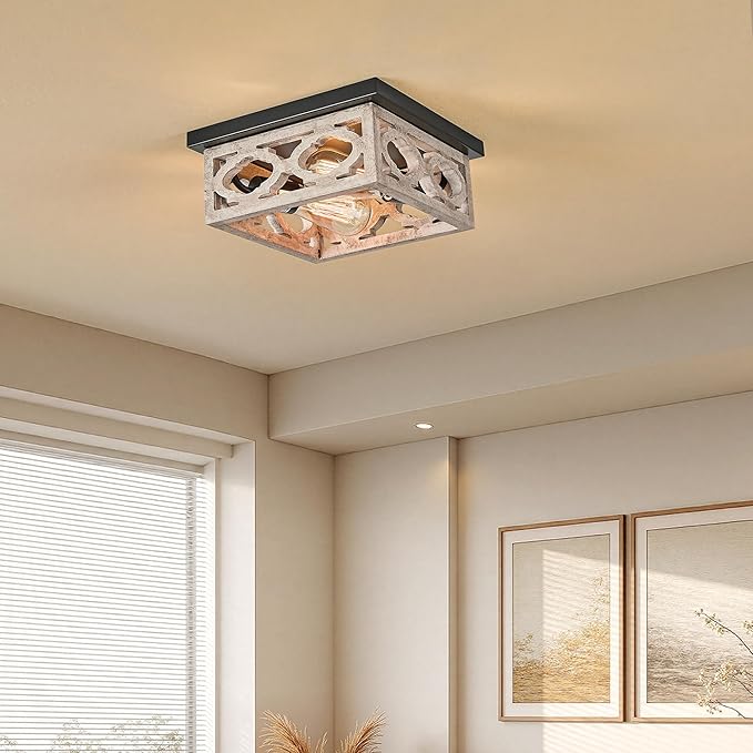 Farmhouse Flush Mount Ceiling Light, 10.5” Square Vintage Rustic Distressed White & Matte Black, MDF Shade Fixture for Livingroom, Bedroom, Kitchen, Hallway, Entryway, 2-Light E26