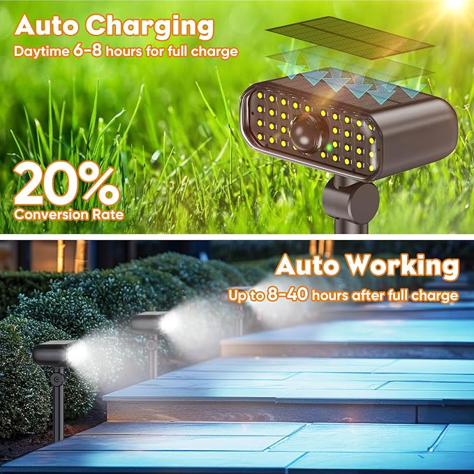 Solar Spot Lights Outdoor, 3 Modes Motion Sensor Landscape Lights, Waterproof IP67 LED Motion Security Solar Spotlights for Outside Yard Pathway Driveway Walkway, 2 Pack