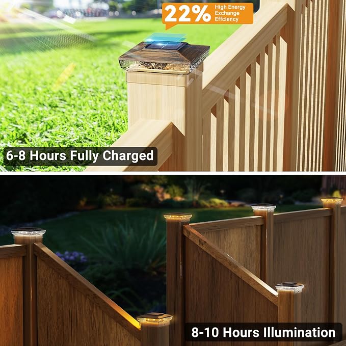 btfarm 4x4 Solar Post Cap Lights Outdoor, 2 Modes 16 LED Fence Deck Post Lights, 4 Pack Waterproof Solar Powered Lighting Outside Fit 4x4 3.5x3.5 Wooden/Vinyl for Porch Patio Garden, Copper Cap
