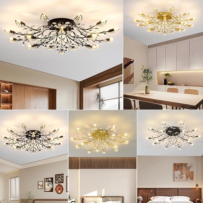 Crystal Ceiling Light Fixture Gold Leaves Semi Flush Mount Ceiling Lights,Kitchen Lighting Fixtures Ceiling for Bedroom Living Room Dining Room Hallway