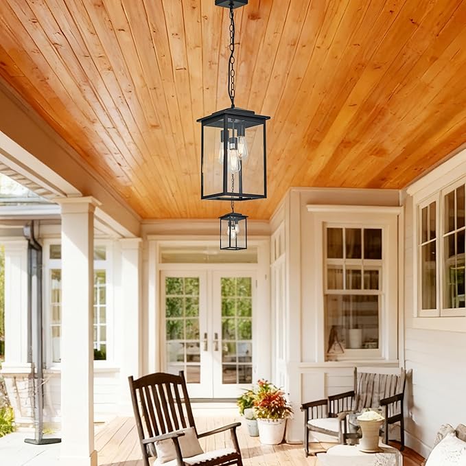 Outdoor Hanging Light Fixture 3-Light, Modern Black Metal Outside Chandelier Exterior Hanging Fixture Ceiling Mount with Clear Glass Shade for Front Porch Entrance Foyer Entryway(Bulbs not Included)