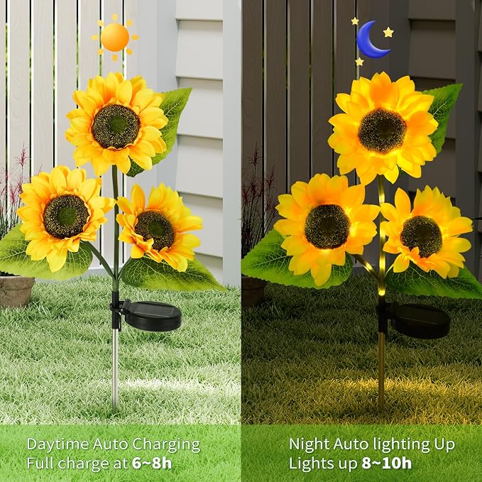 4-Pack Solar Sunflower Garden Decor, 12 LED Flower Stake Lights - Waterproof Long-Lasting Outdoor Solar Patio Decor for Lawn, Yard & Pathway