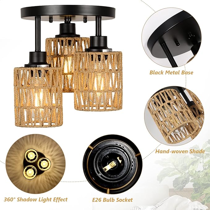 3-Lights Boho Light Fixtures Ceiling Mount, Farmhouse Rattan Chandelier, Hand Woven Cage Shade Semi Flush Mount Ceiling Lights for Bedroom Foyer Entryway Kitchen, Hallway Rattan Light Fixtures Ceiling