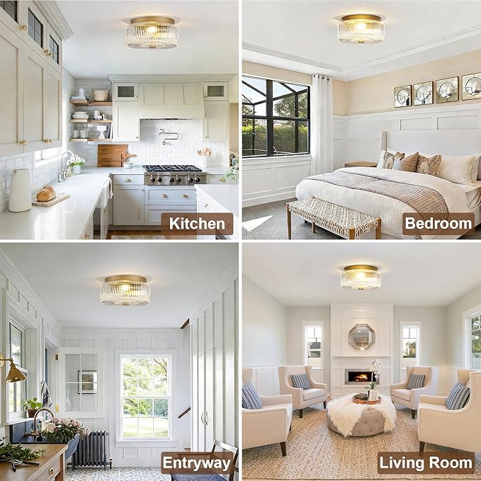 11.8 Inch Gold Flush Mount Ceiling Light, Mid-Century Modern Luxury 3-Light Close to Ceiling Light Fixture with Clear Striped Glass Shade, Elegant Lighting for Bedroom Hallway Kitchen Entryway Foyer