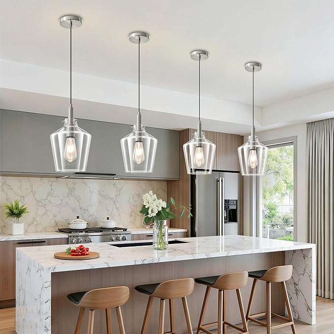 Modern Glass Pendant Light for Kitchen Island 2 Pack, Farmhouse Nickel Pendant Light Fixtures, Adjustable Hanging Ceiling Light Angled Clear Glass Shades 8 Inch