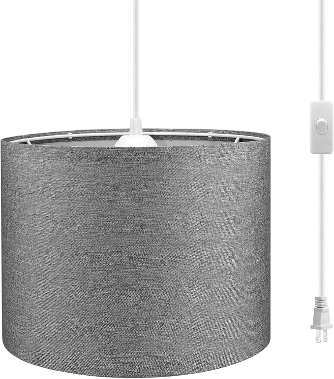 KUAUGST Plug in Pendant Light, 15 FT Hanging Lamp with Plug in Cord, On/Off Switch, Pendant Lighting with Fabric Shade, Hanging Light Fixture for Living Room, Bedroom, Dining Room, Kitchen (Gray)