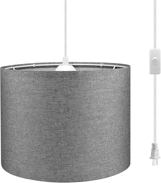 KUAUGST Plug in Pendant Light, 15 FT Hanging Lamp with Plug in Cord, On/Off Switch, Pendant Lighting with Fabric Shade, Hanging Light Fixture for Living Room, Bedroom, Dining Room, Kitchen (Gray)