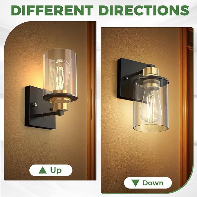 DORESshop Wall Sconces Set of 2 for Bathroom, Modern Vanity Light Fixtures with Clear Glass Shade, Black and Gold Wall Mount Lighting Lanterns for Bedroom Living Room Mirror Hallway Kitchen