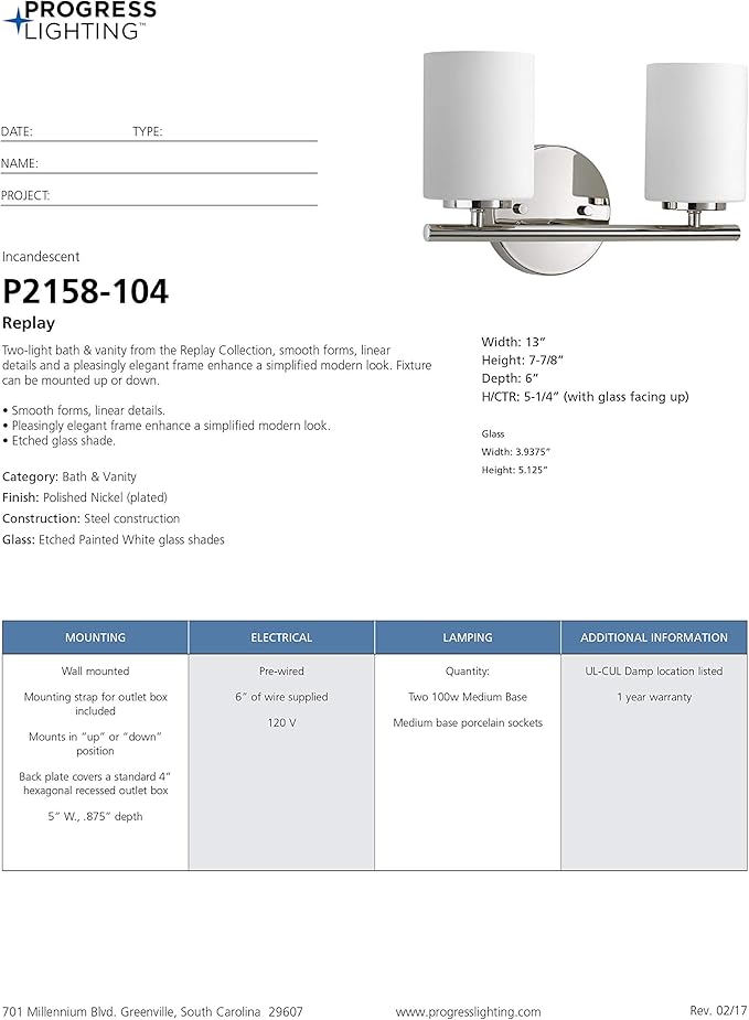 Replay Collection 2-Light Etched White Glass Modern Bath Vanity Light Polished Nickel