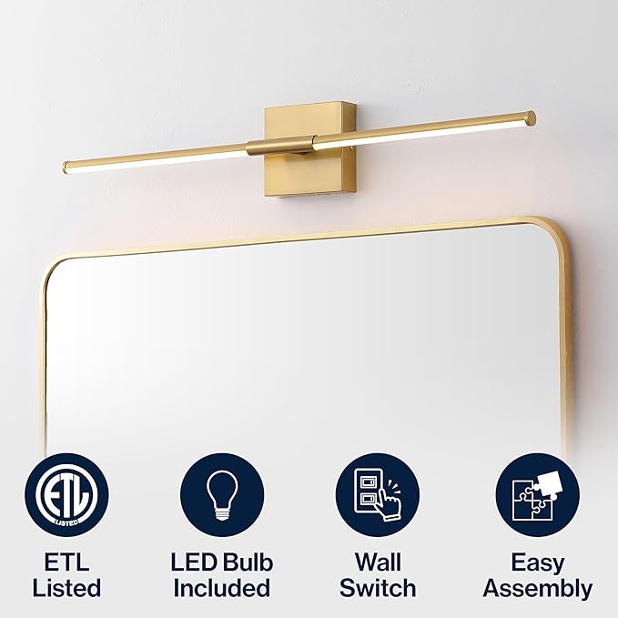 JONATHAN Y 28" Brass Gold Modern Dimmable Integrated LED Wall Sconce, Minimalist Adjustable Metal Vanity Light for Bathroom Mirror, Bedroom, Hallway, 3000K, ETL Listed (JYL7041B)