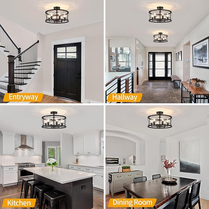 6-Light Black Semi Flush Mount Ceiling Light, 16.53'' Modern Farmhouse Close to Ceiling Light Fixtures, Ceiling Lamp for Hallway Entryway Foyer Dining Room Living Room Bedroom Kitchen Light Fixtures