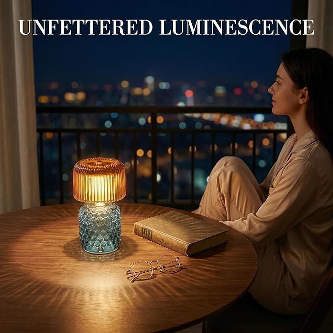 Battery Operated Table Lamp with Timer, Cordless Glass LED Night Light, Decorative Small Lamp for Bedroom Nightstand Living Room Entryway Stairway