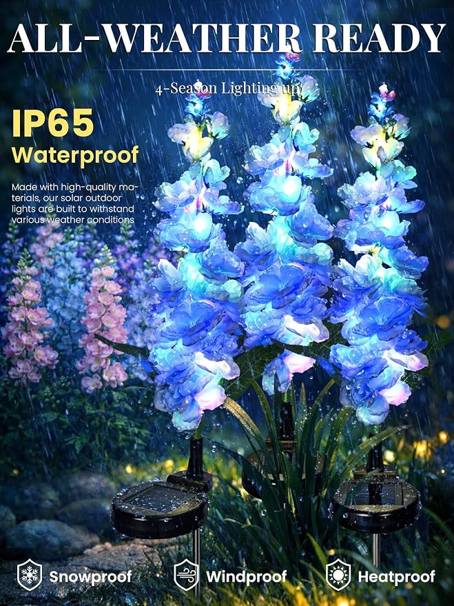 GIGALUMI Solar Lights Outdoor for Garden Decor, 3 Pack Solar Flower Lights Waterproof, 2 Lighting Modes Delphinium for Pathway,Yard, Patio, 4th of July Decoration, Gifts for Women (Blue)
