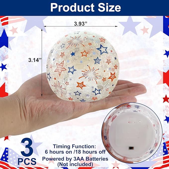 3PCS Independence Day Decorative Lights, 3.93-inch Independence Day Desktop Decoration LED Night Light, Cracked Glass Ball Light with Timer, 4th of July Decorations (Fireworks Pattern)