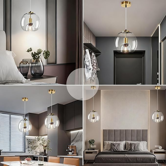 9.1in Large Clear Glass Pendant Light for Kitchen Island – 3-Pack with Extra LED Bulbs & 4.92ft Adjustable Cord | Modern Minimalist Lighting for Dining Room, Living Room, Entryway