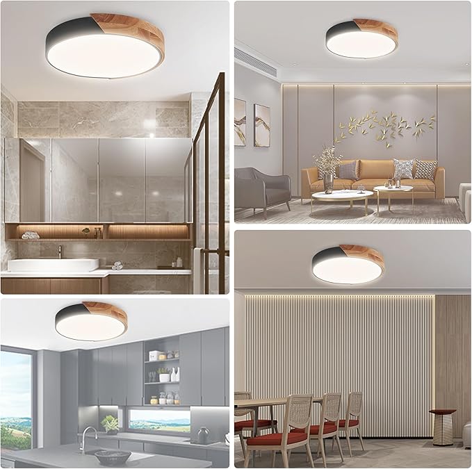 Wood LED Flush Mount Ceiling Light, 3CCT 3000K-6500K Modern Black Close to Ceiling Lighting Fixtures, Minimalist Round Ceiling Light for Bedroom, Kitchen, Hallway, Laundry Room, Not Dimmable
