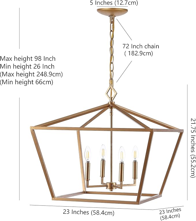 JONATHAN Y 23" Gold 4-Light Rustic Glam Adjustable Iron LED Pendant, Open Cage Lantern Hanging Light for Dining Room, Kitchen Island, Foyer, Farmhouse French Country (JYL7520C)