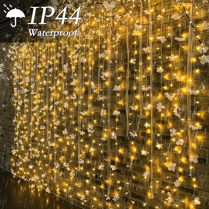 300 LED Warm White Curtain String Lights 9.8x9.8FT, Plug in Fairy Lights with 9 Hooks, Dimmable, Timer & 8 Modes, IP44 Waterproof, Bedroom Wall Wedding Backdrop Christmas Indoor Outdoor Decor