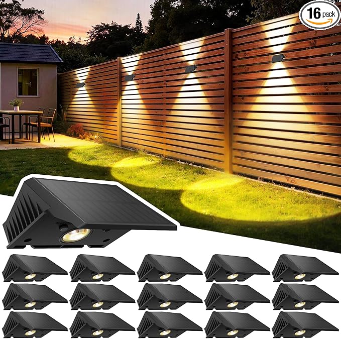 Solar Fence Lights Outdoor, 16 Pack Solar Up Down Wall Lights for Outside, IP67 Fence Lights Solar Powered Dusk to Dawn Auto-Work for Patio Garden Backyard Porch Deck Pathway Step (Warm-White)