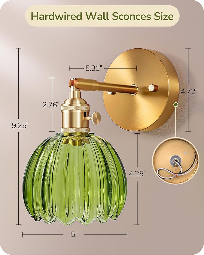 EDISHINE Hardwired Wall Sconces Set of Two, Vintage Wall Lighting Fixture with Green Tulip Glass Lampshade 180 Degree Adjustable, Brass Gold Wall Lamp for Bedroom Living Room Hallway Bathroom