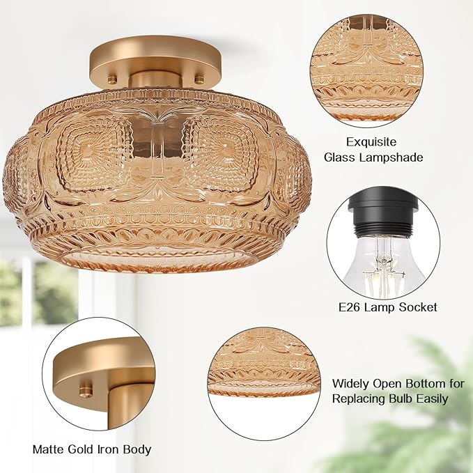 Semi Flush Mount Ceiling Light, Upgraded Larger Amber Glass Ceiling Light Fixture, Vintage Lighting for Hallway Kitchen Bedroom Dining Room, Bulb Not Included