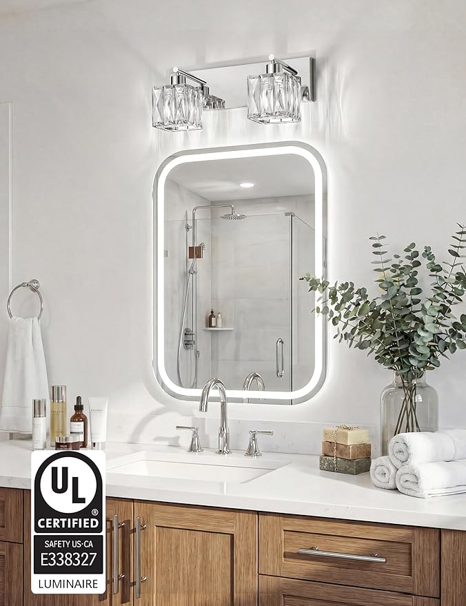 VOLISUN Chrome Bathroom Light Fixtures, Modern Stainless Steel Bathroom Lighting Fixtures Over Mirror, 2 Light Bathrooms Vanity Light, Crystal Vanity Light for Bathrooms-UL Certificated(Exclude Bulb)