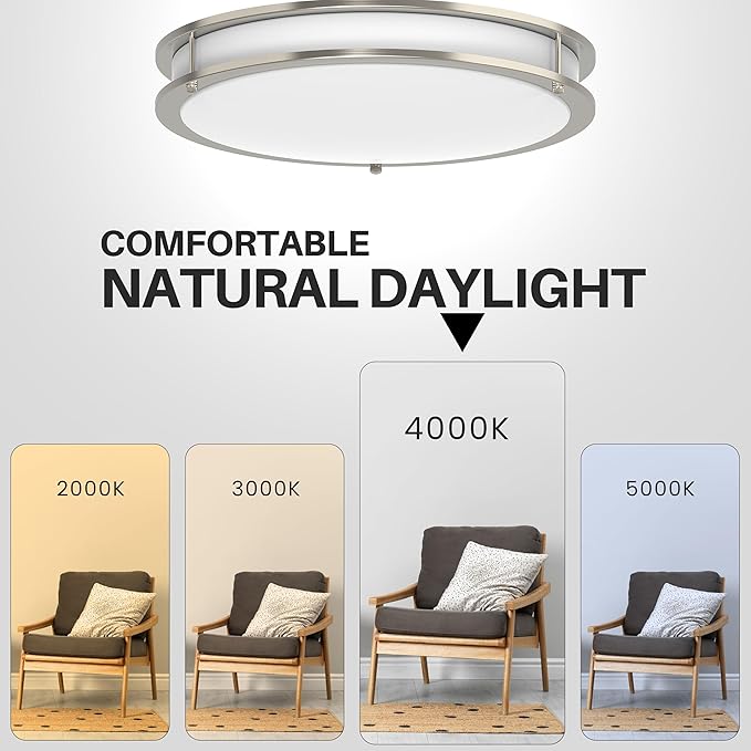 DYMOND LED Ceiling Light Fixture Flush Mount 4000K Natural Daylight Dimmable Surface Mount Brushed Nickel Ceiling Lamp for Kitchen, Hallway, Bathroom, Bedroom, Closet (14 Inch)