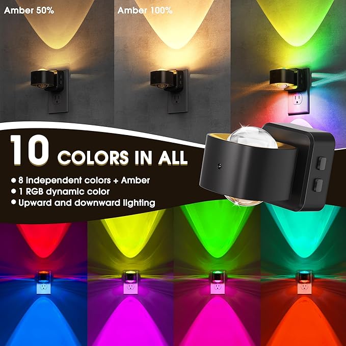 Briignite Night Light Projector, RGB Color Changing Night Light for Kids, 180° Rotating Night Lights Plug into Wall, Dusk to Dawn Sensor, RGB Ambient Lighting for Gaming Room Bathroom Gifts